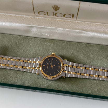 Gucci 1990s Date Black Round Dial Two-Tone Gold-Plated Watch