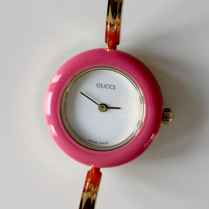 Gucci 1990s Interchangeable Bezel Gold Plated Bangle Watch with case, 12 bezels