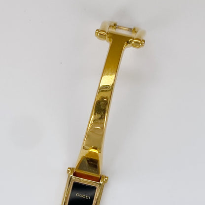 Gucci 1990s Black Dial Gold Plated Rectangular Bangle Watch