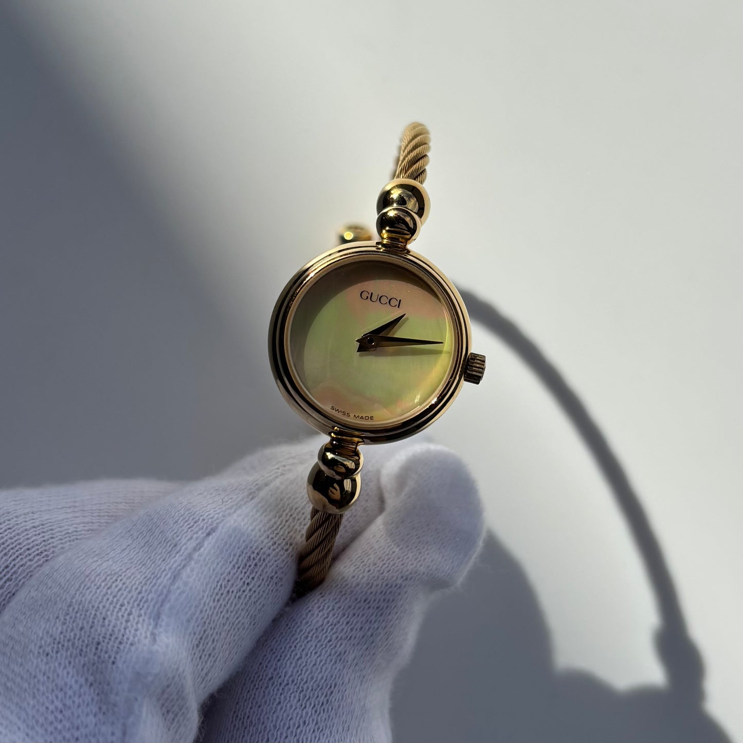 Gucci 1990s Seashell Dial Gold Plated Cable Bangle Watch