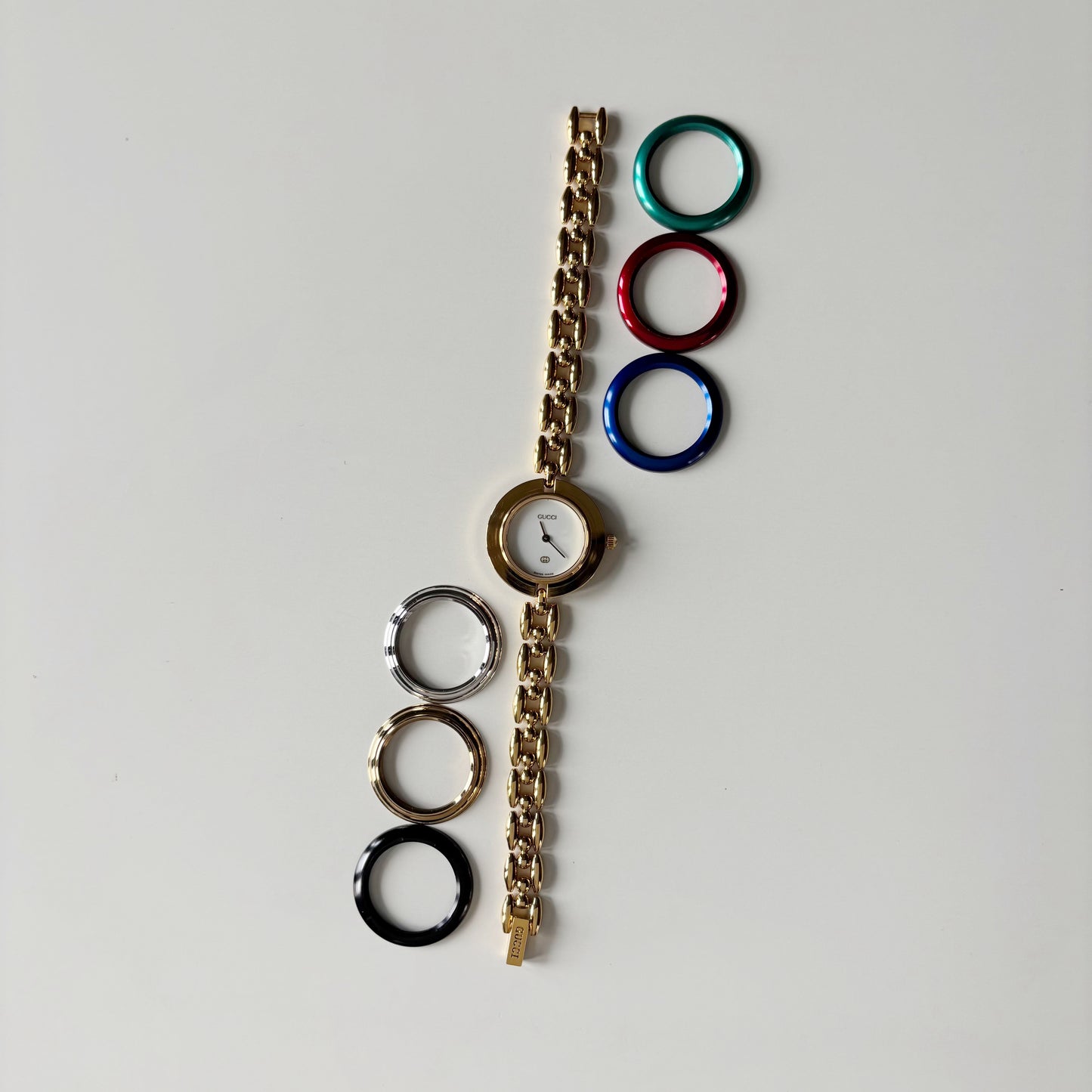 Gucci 1990s Interchangeable Bezel Gold Plated Rice Chain Watch with 6 bezels, case (170mm)