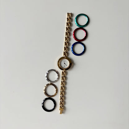 Gucci 1990s Interchangeable Bezel Gold Plated Rice Chain Watch with 6 bezels, case (170mm)