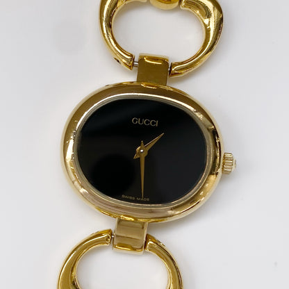 Gucci 1990s Black Dial Gold Plated Bangle Watch