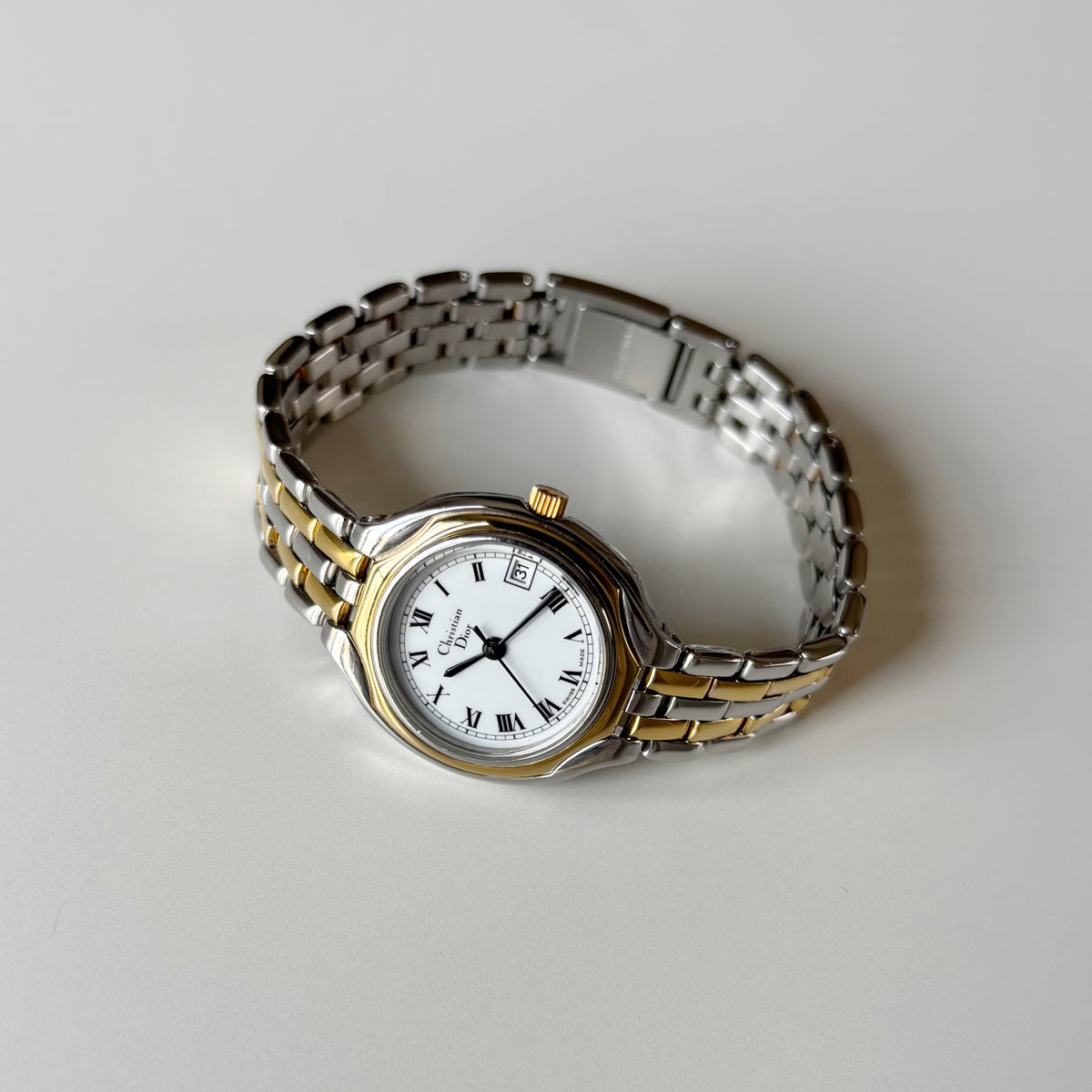 Dior 1990s Date Round Dial Gold Plated Two Tone Watch