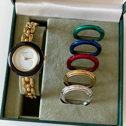 Gucci 1990s Interchangeable Bezel Gold Plated Watch with 6 bezels, case