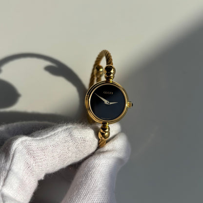 Gucci 1990s Black Dial Gold Plated Cable Band Bangle Watch