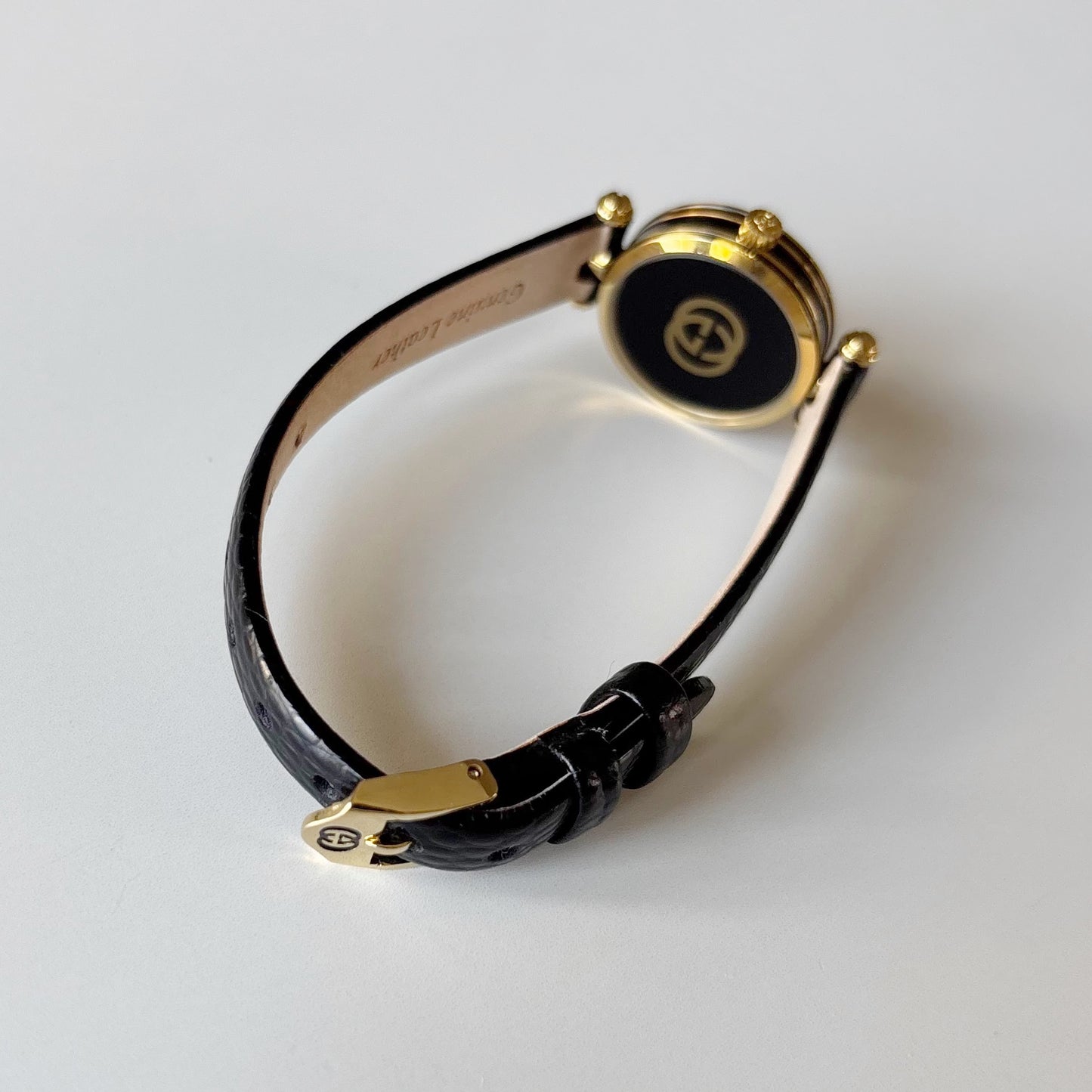 Gucci 1980s Black Round Dial Gold Plated Watch