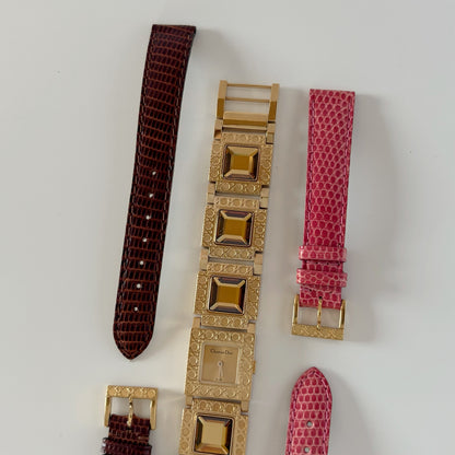 Dior 1990s Square Dial Interchangeable Strap Gold-Plated Watch