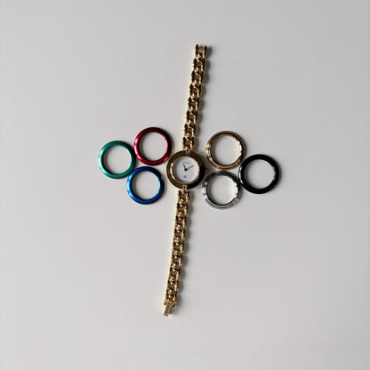 Gucci 1990s Interchangeable Bezel Gold Plated Rice Chain Watch with 6 bezels, case (160mm)