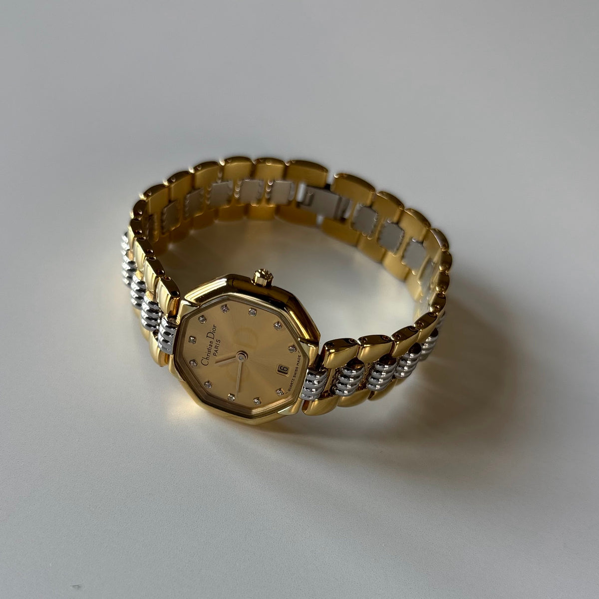 Dior 1990s Octagon Gold Dial Two-Tone Gold-Plated Watch
