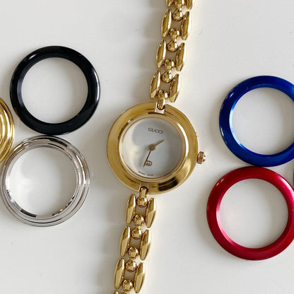 Gucci 1990s Interchangeable Bezel Gold Plated Watch with 6 bezels, case (160mm)