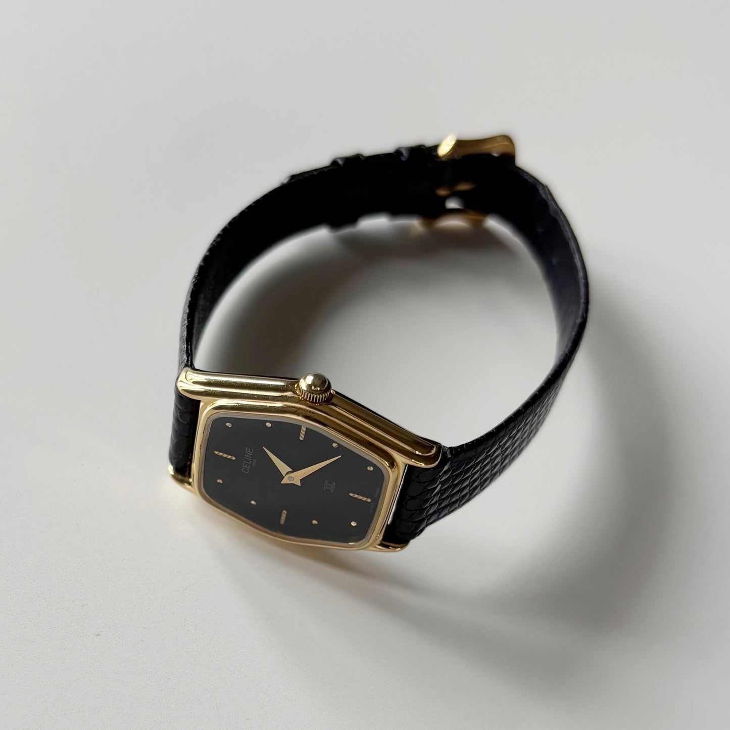 Celine 1980s Black Dial Gold Plated Watch