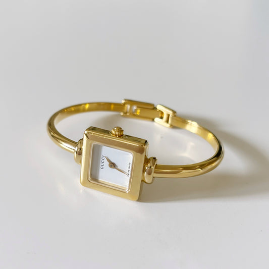 Gucci 1990s Square Dial Gold Plated Bangle Watch