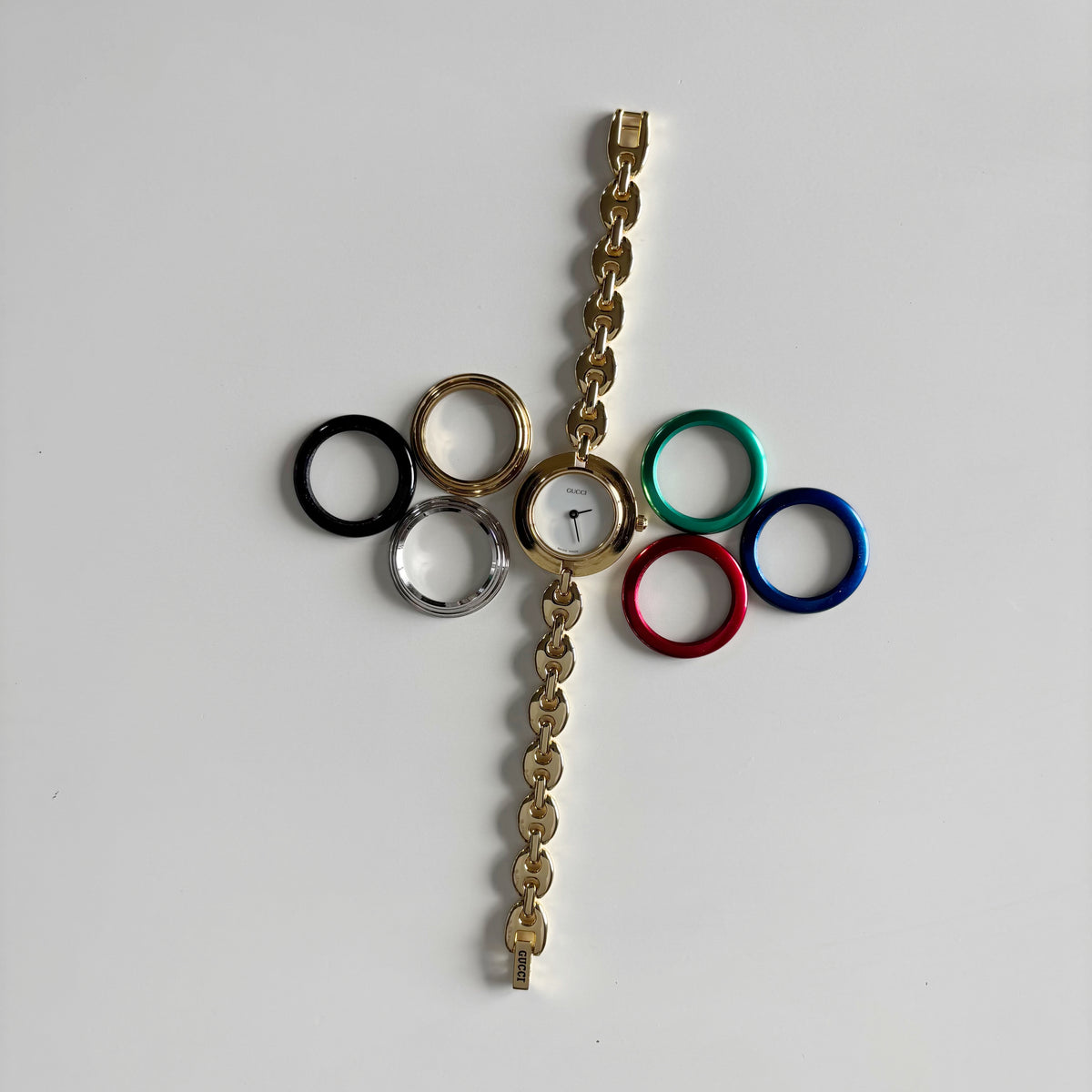 Gucci 1990s Interchangeable Bezel Gold Plated Chain Watch with 6 bezels, case (165mm)