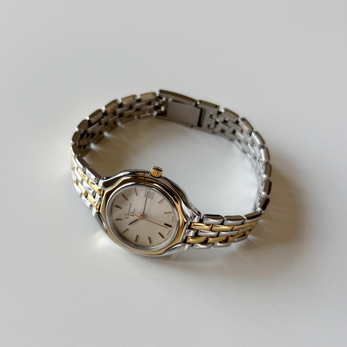 Dior 1990s Date Round Dial Two Tone Gold Plated Watch