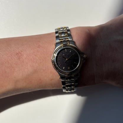 Gucci 1990s Date Round Black Dial Two Tone Gold Plated Watch
