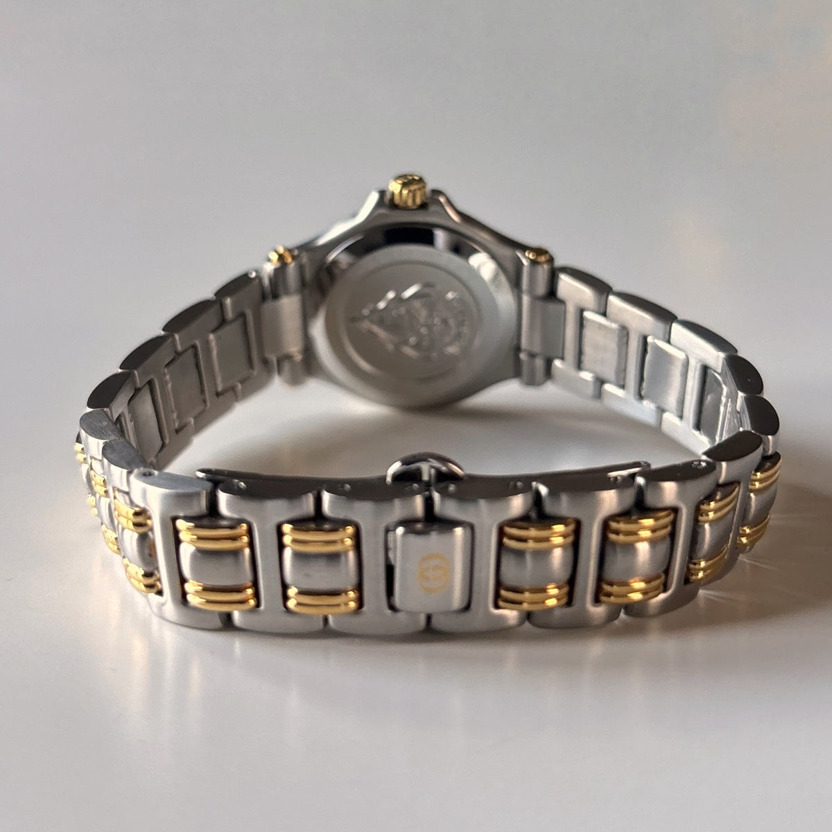 Gucci 1990s Date Round Black Dial Two Tone Gold Plated Watch