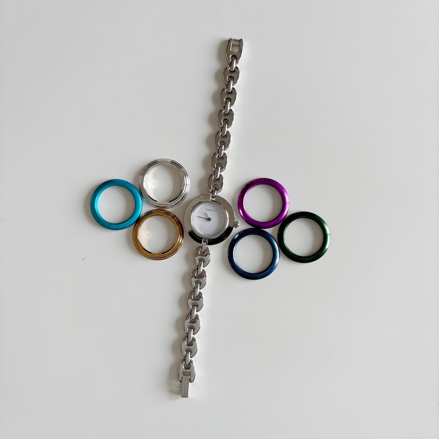 Gucci 1990s Interchangeable Bezel Stainless steel Silver Watch with 6 bezels, case (167mm)