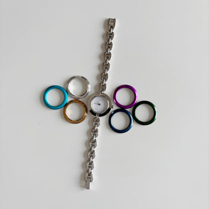 Gucci 1990s Interchangeable Bezel Stainless steel Silver Watch with 6 bezels, case (167mm)