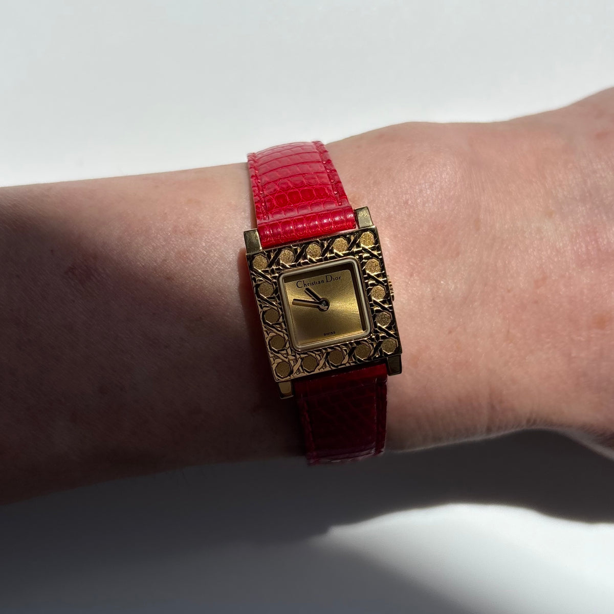 Dior 1990s Square Dial Interchangeable strap Gold Plated Watch with 3 straps, case