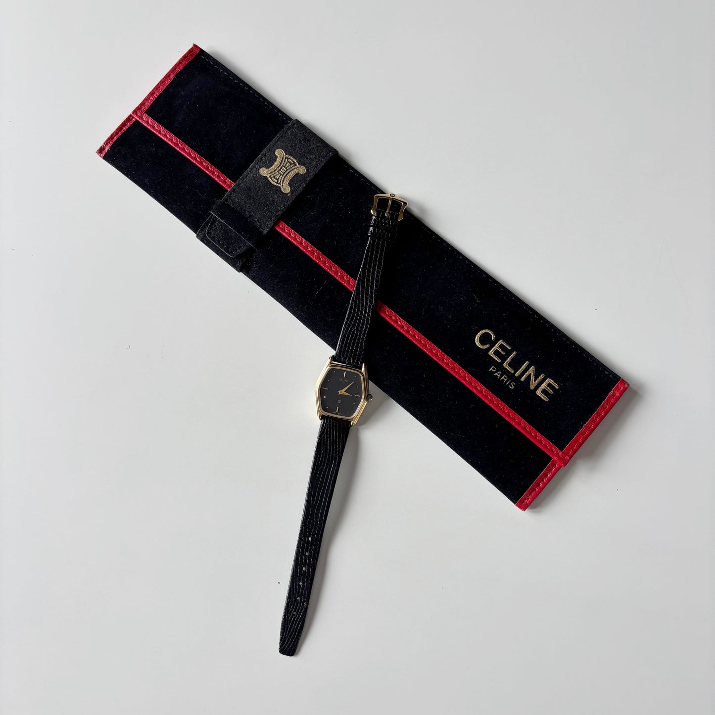 Celine 1980s Black Dial Gold Plated Watch