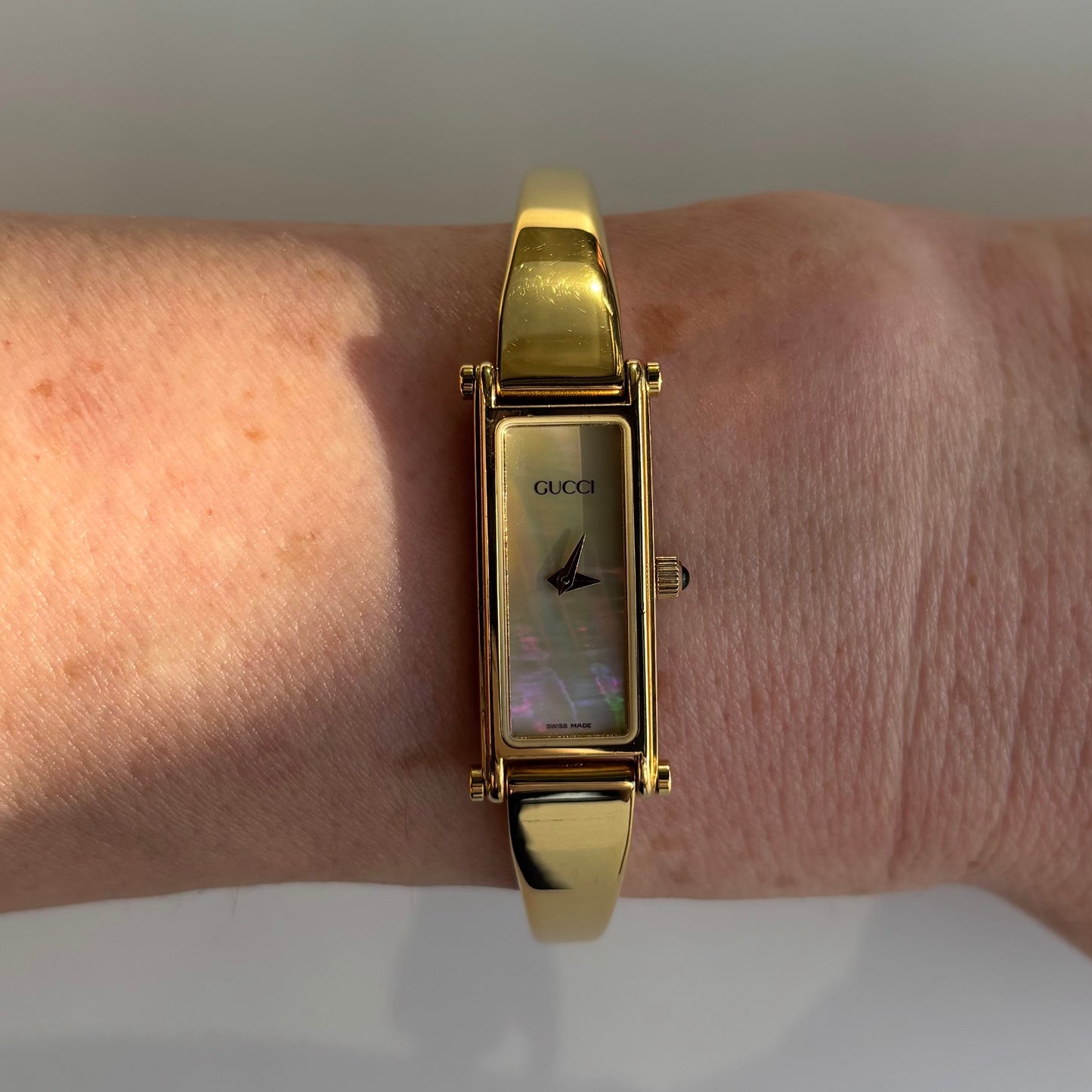 Gucci 1990s Seashell Dial Rectangular Gold Plated Bangle Watch