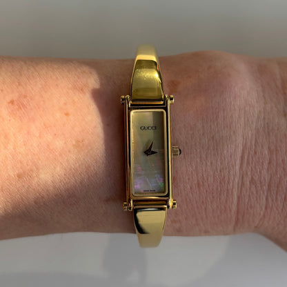 Gucci 1990s Seashell Dial Rectangular Gold Plated Bangle Watch