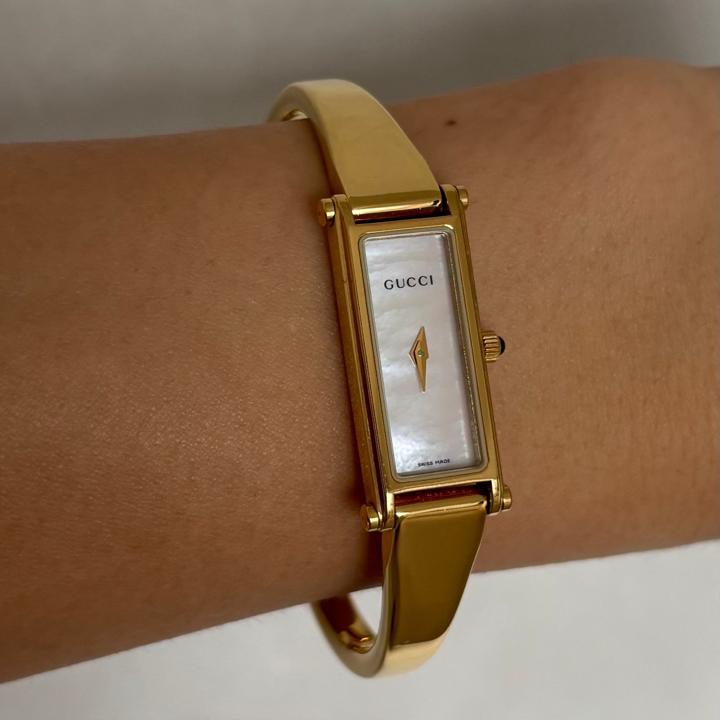 Gucci 1990s Seashell Dial Rectangular Gold Plated Bangle Watch