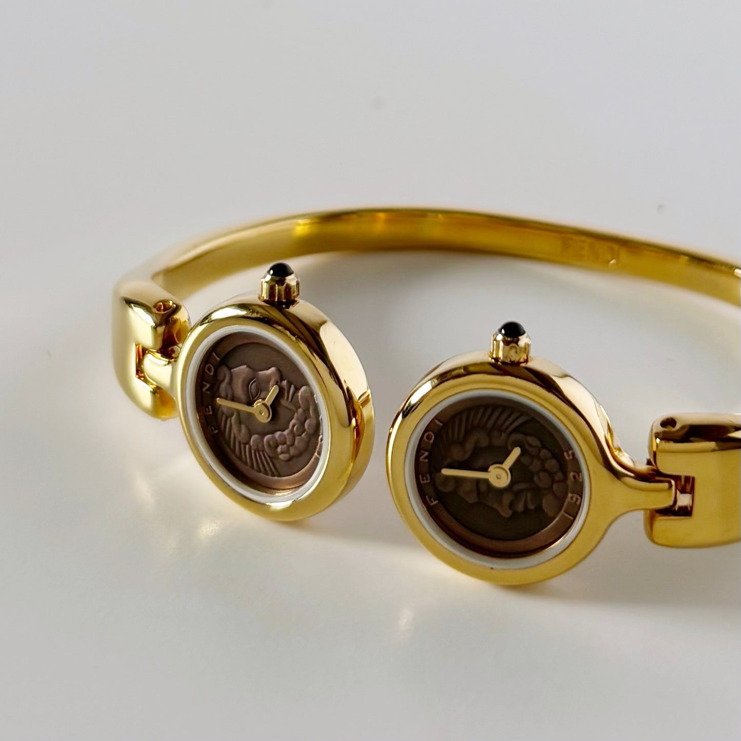 Fendi 1990s Seashell Dial Two Time Zone Gold Plated Bangle Watch