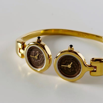 Fendi 1990s Seashell Dial Two Time Zone Gold Plated Bangle Watch
