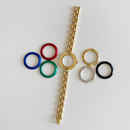 Gucci 1990s Interchangeable Bezel Gold Plated Watch with 6 bezels, case (165mm)