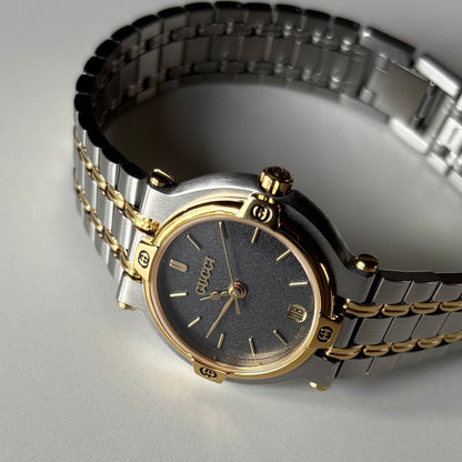 Gucci 1990s Date Black Round Dial Two-Tone Gold-Plated Watch