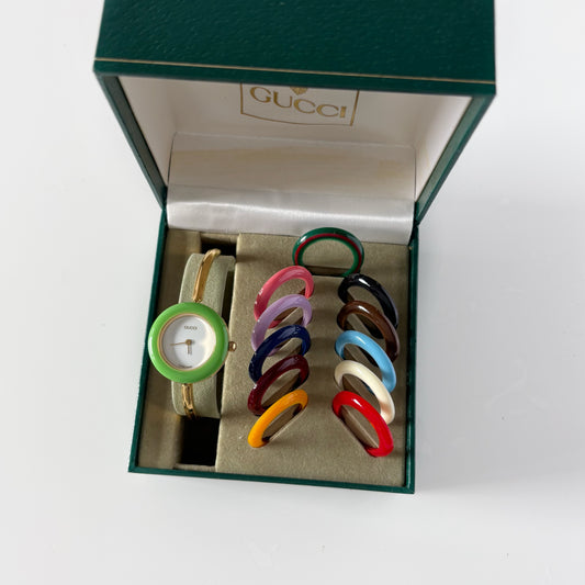 Gucci 1990sInterchangeable Bezel Gold Plated Bangle Watch with 12 bezels, case