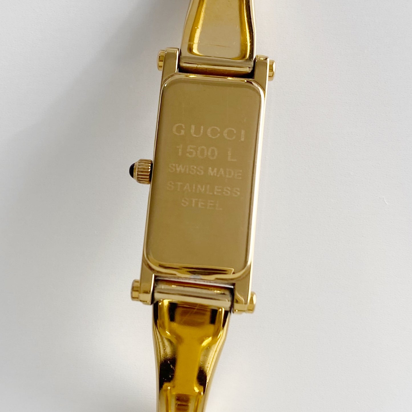 Gucci 1990s Seashell Dial Rectangular Gold Plated Bangle Watch
