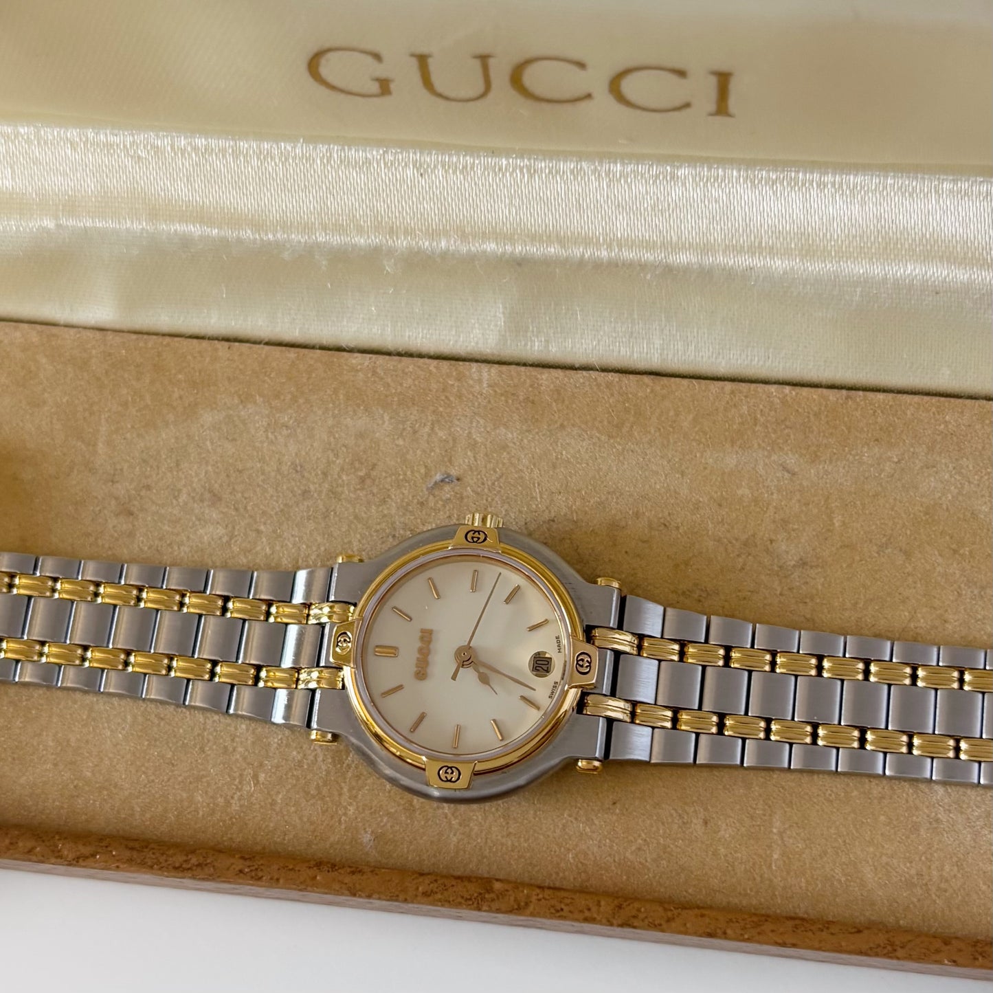 Gucci 1990s Date Round Dial Two Tone Gold Plated Watch