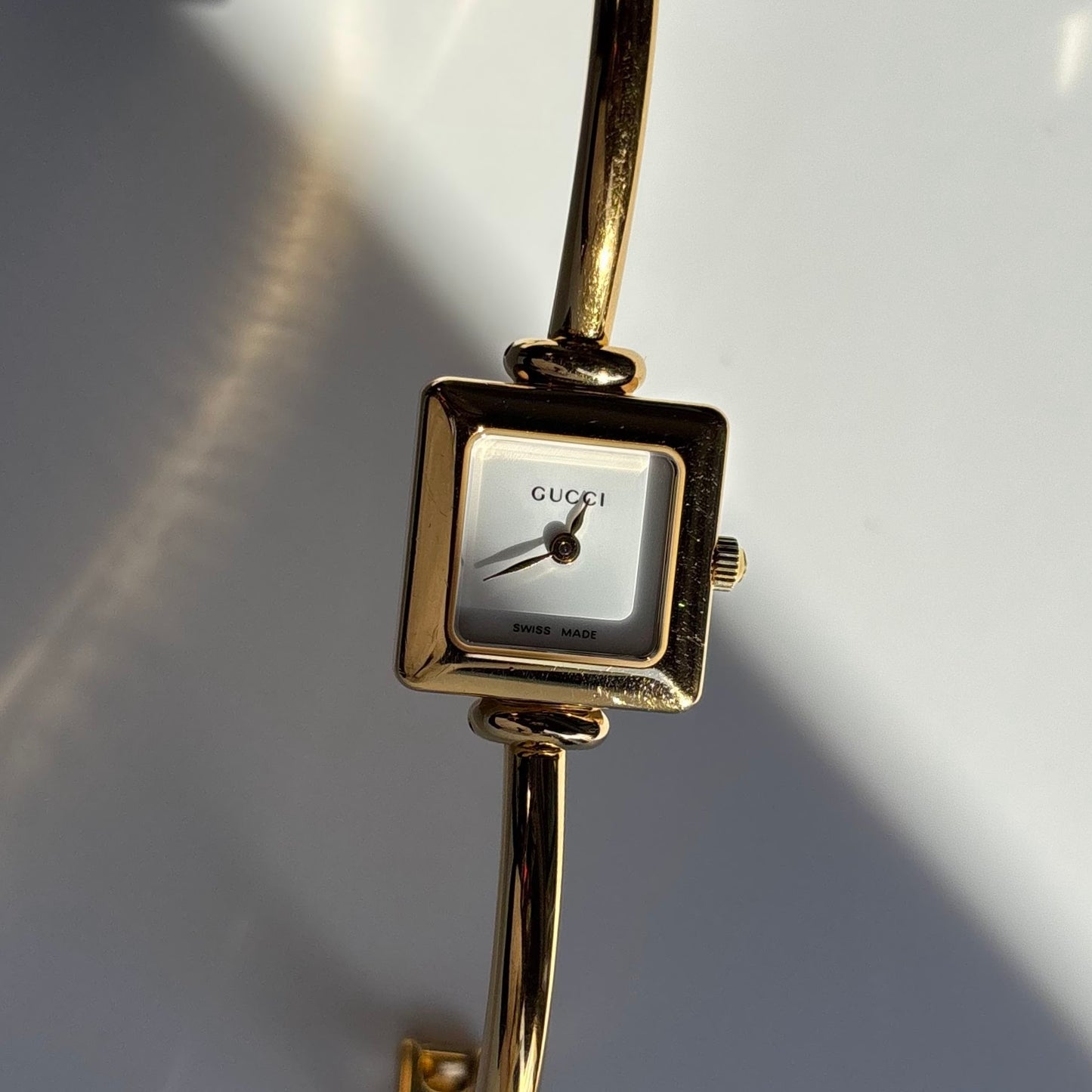 Gucci 1990s Square Dial Gold Plated Bangle Watch