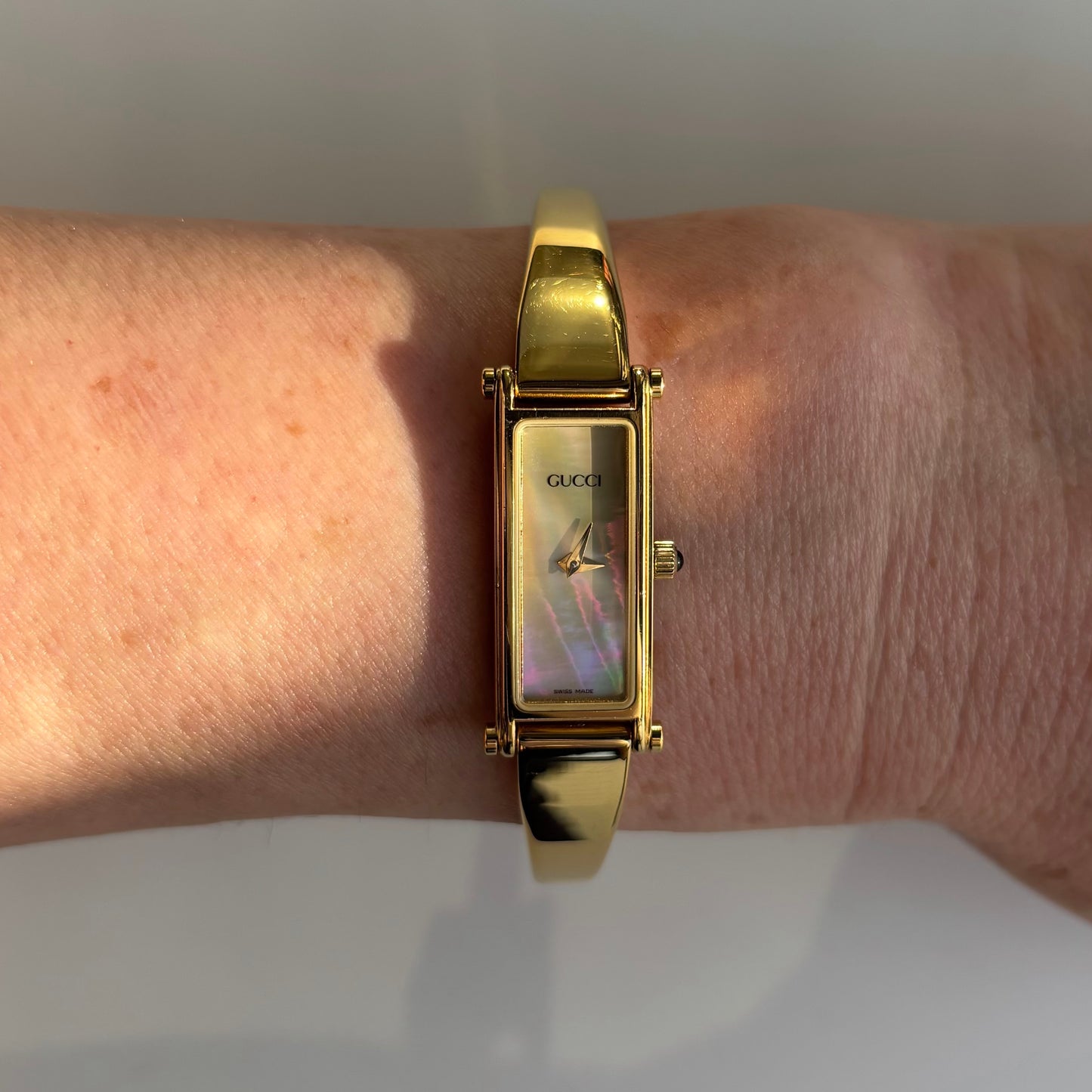 Gucci 1990s Seashell Dial Rectangular Gold Plated Bangle Watch