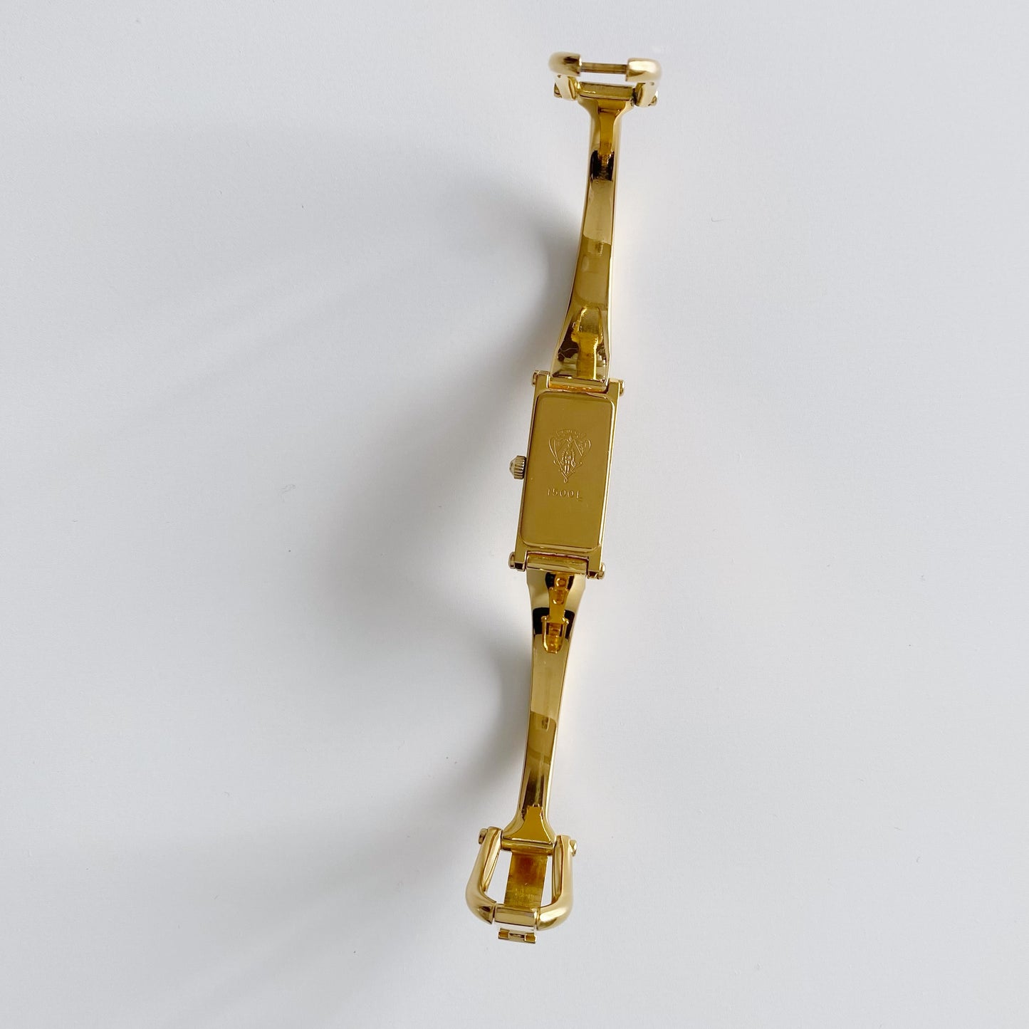 Gucci 1990s Gold Dial Rectangular  Gold Plated Bangle Watch