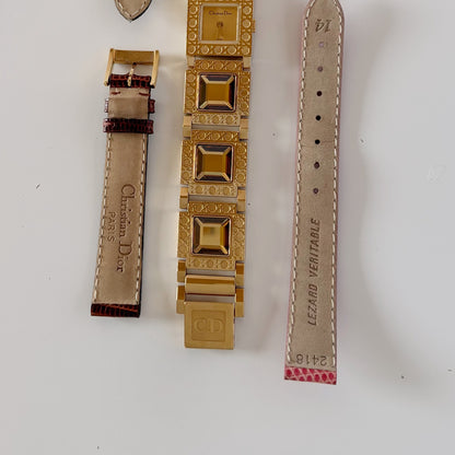 Dior 1990s Square Dial Interchangeable Strap Gold-Plated Watch