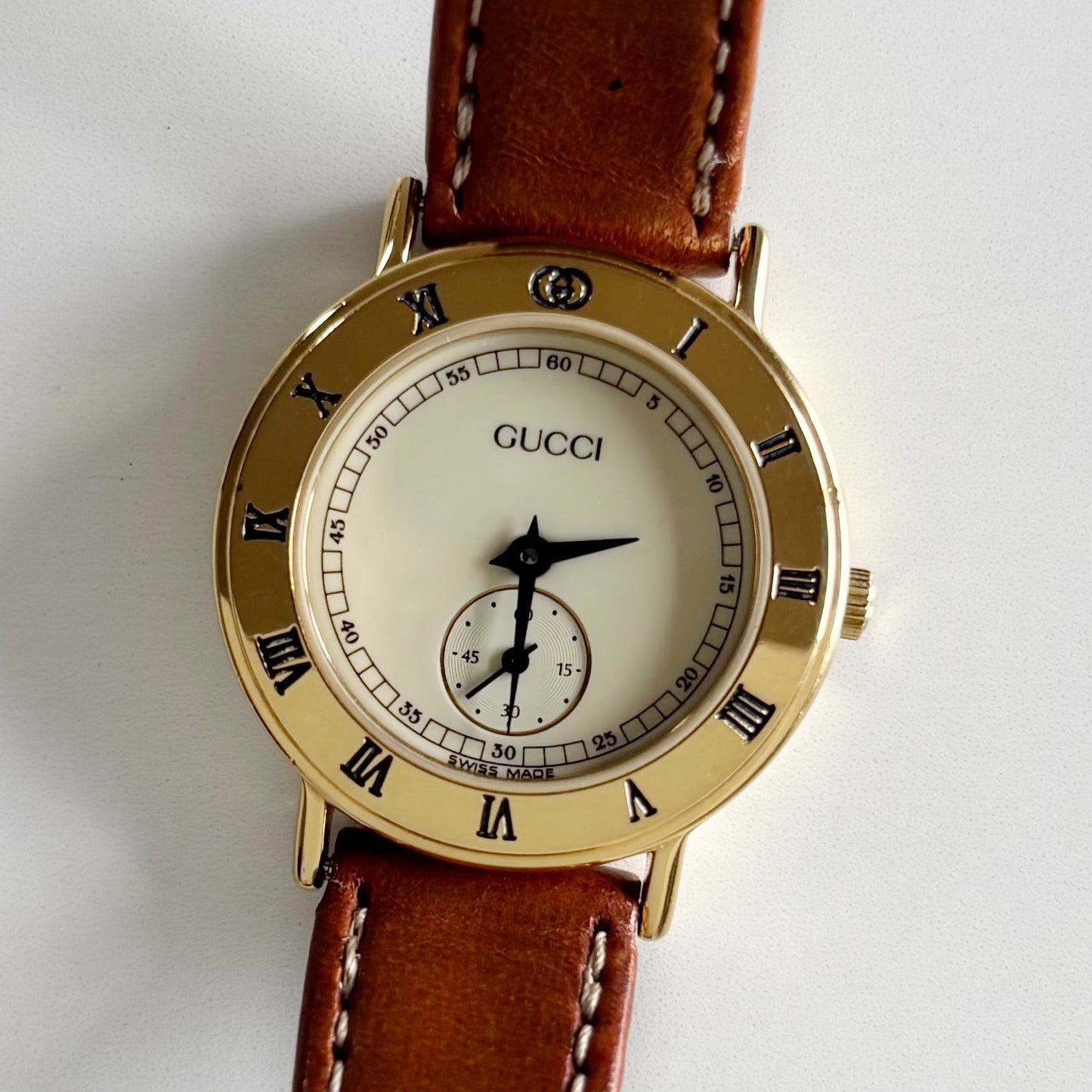 Gucci 1990s Sub Second Round Dial Gold Plated Watch