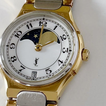 Yves Saint Laurent 1990s Moon Phase Two Tone Watch