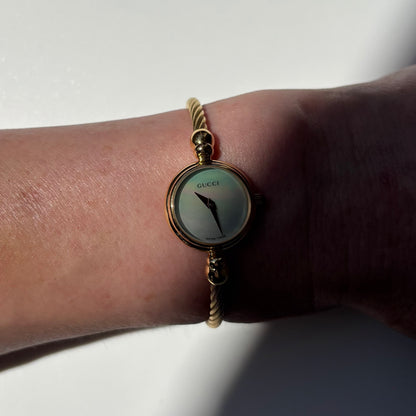 Gucci 1990s Seashell Dial Gold Plated Cable Bangle Watch
