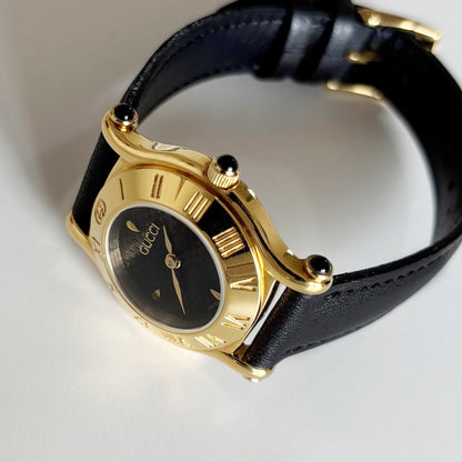 Gucci 1990s Black Dial Gold Plated Watch