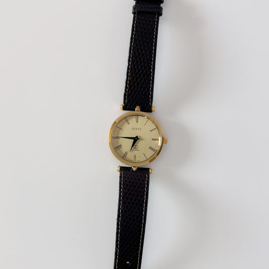 Gucci 1990s Round Gold Dial Gold Plated Watch (Large)