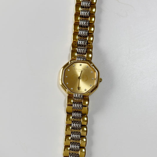 Dior 1990s Octagon Two Tone Gold Plated Watch