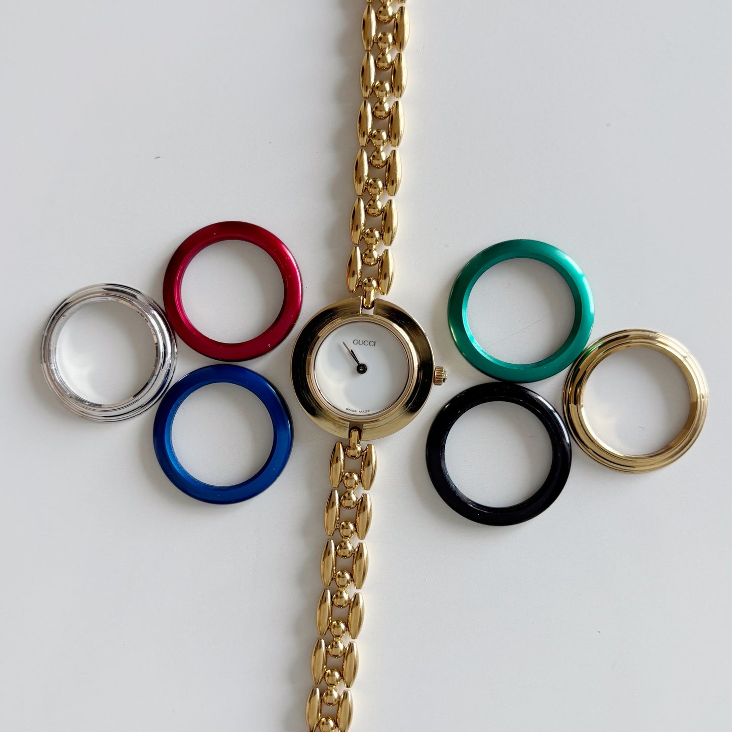 Gucci 1990s Interchangeable Bezel Gold Plated Watch with 6 bezels, case (160mm)