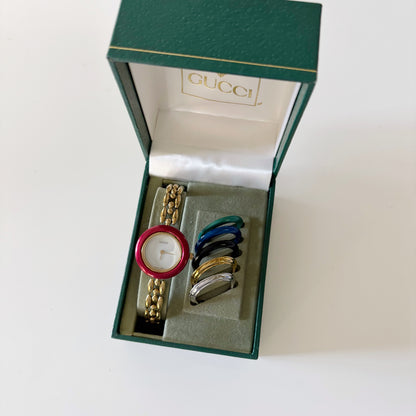 Gucci 1990s Interchangeable Bezel Gold Plated Watch with 6 bezels, case