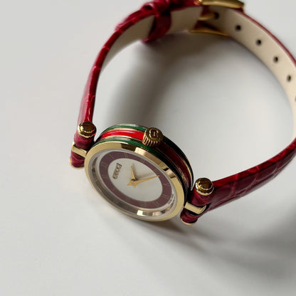 Gucci 1990s Red Round Dial Gold Plated Watch