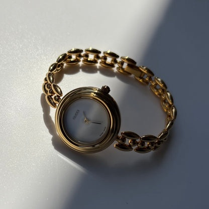 Gucci 1990s Interchangeable Bezel Gold Plated Rice Chain Watch with 6 bezels, case (160mm)