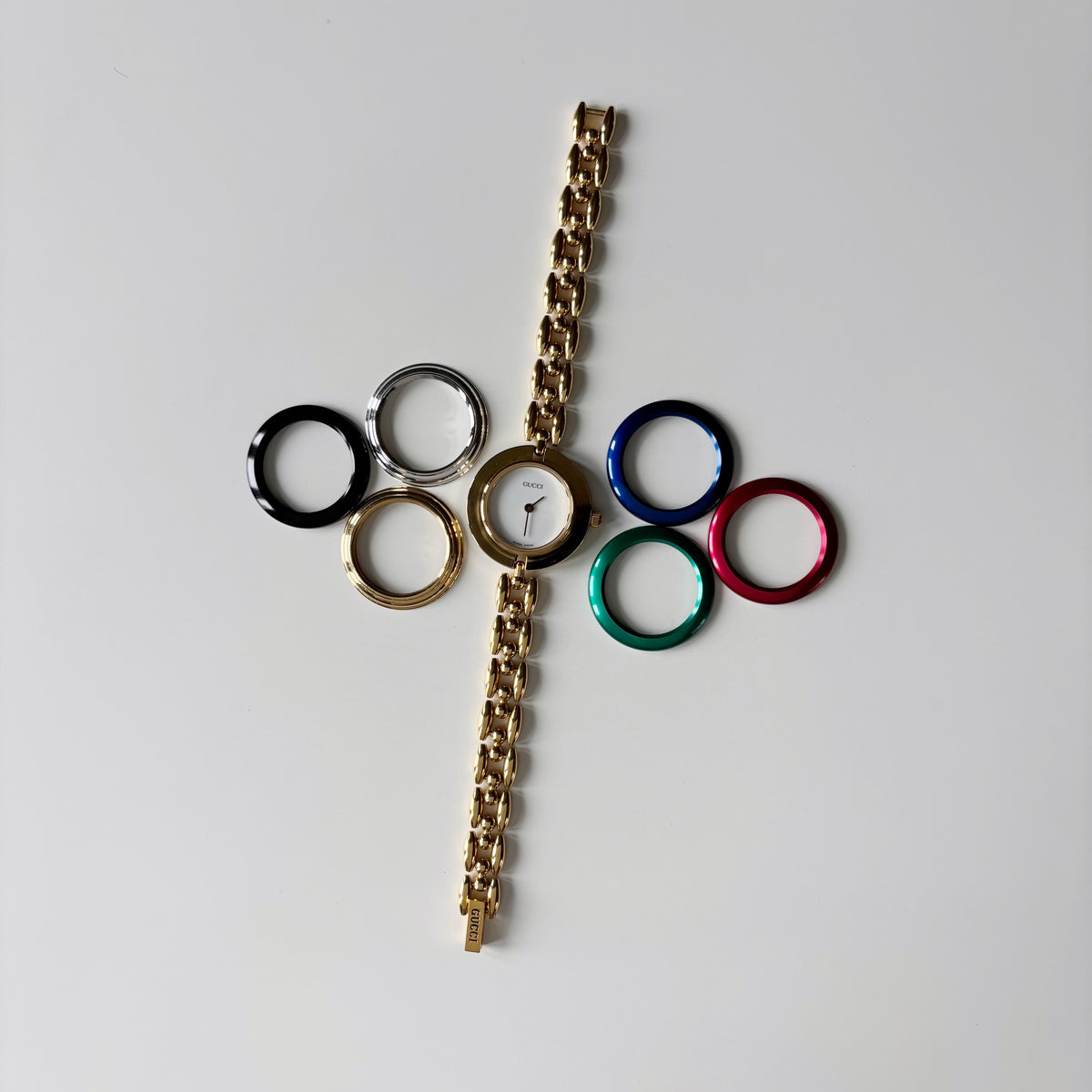 Gucci 1990s Interchangeable Bezel Gold Plated Rice Chain Watch with 6 bezels, case (160mm)